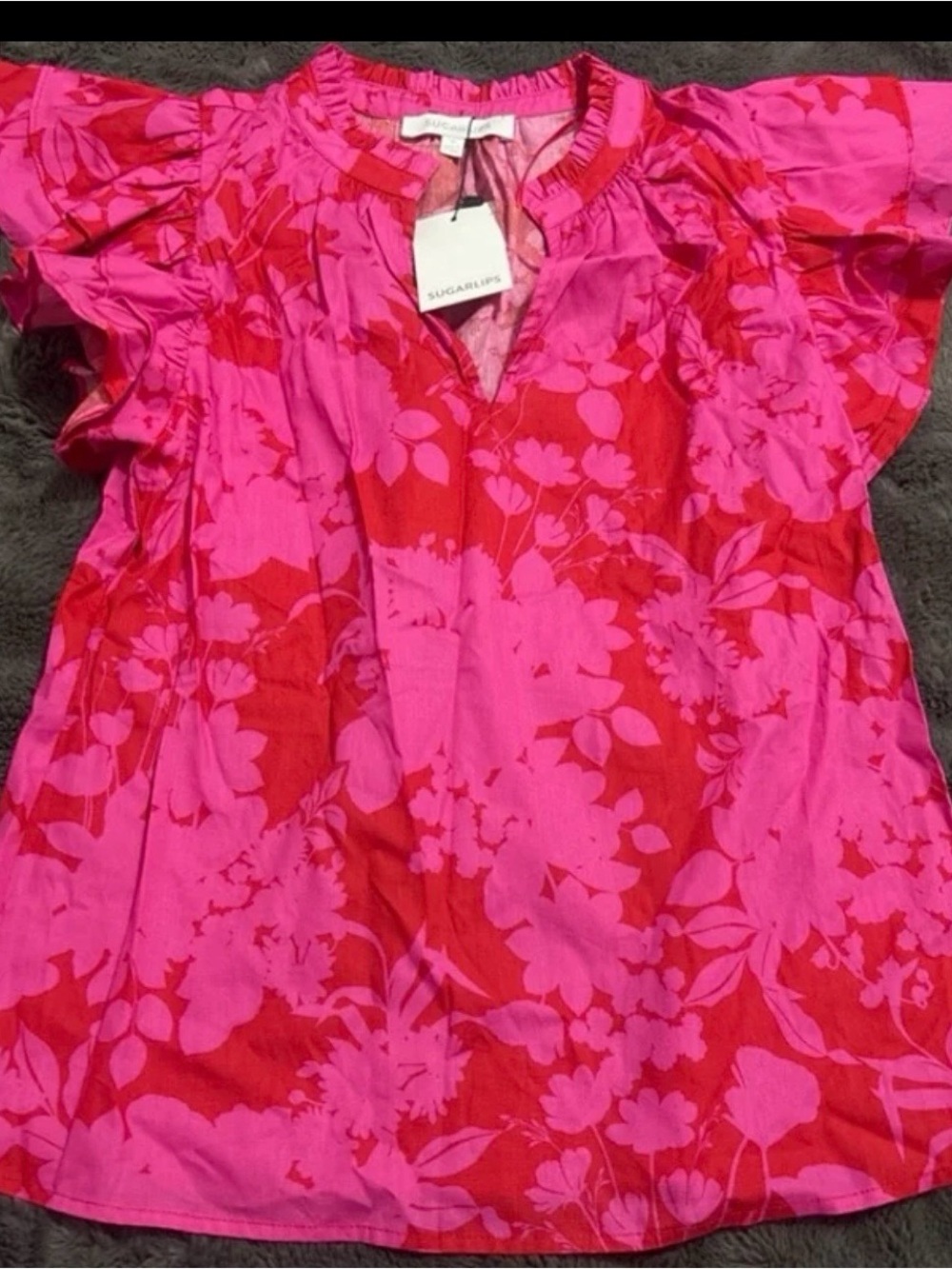 Sugarlips Red & Pink Floral Flutter-Sleeve Blouse